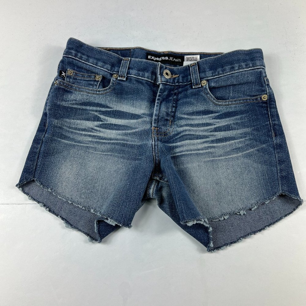 Express Jean Short Womens 4 Skinny Bikini Blue Faded Whisker Cut Off Denim Jorts